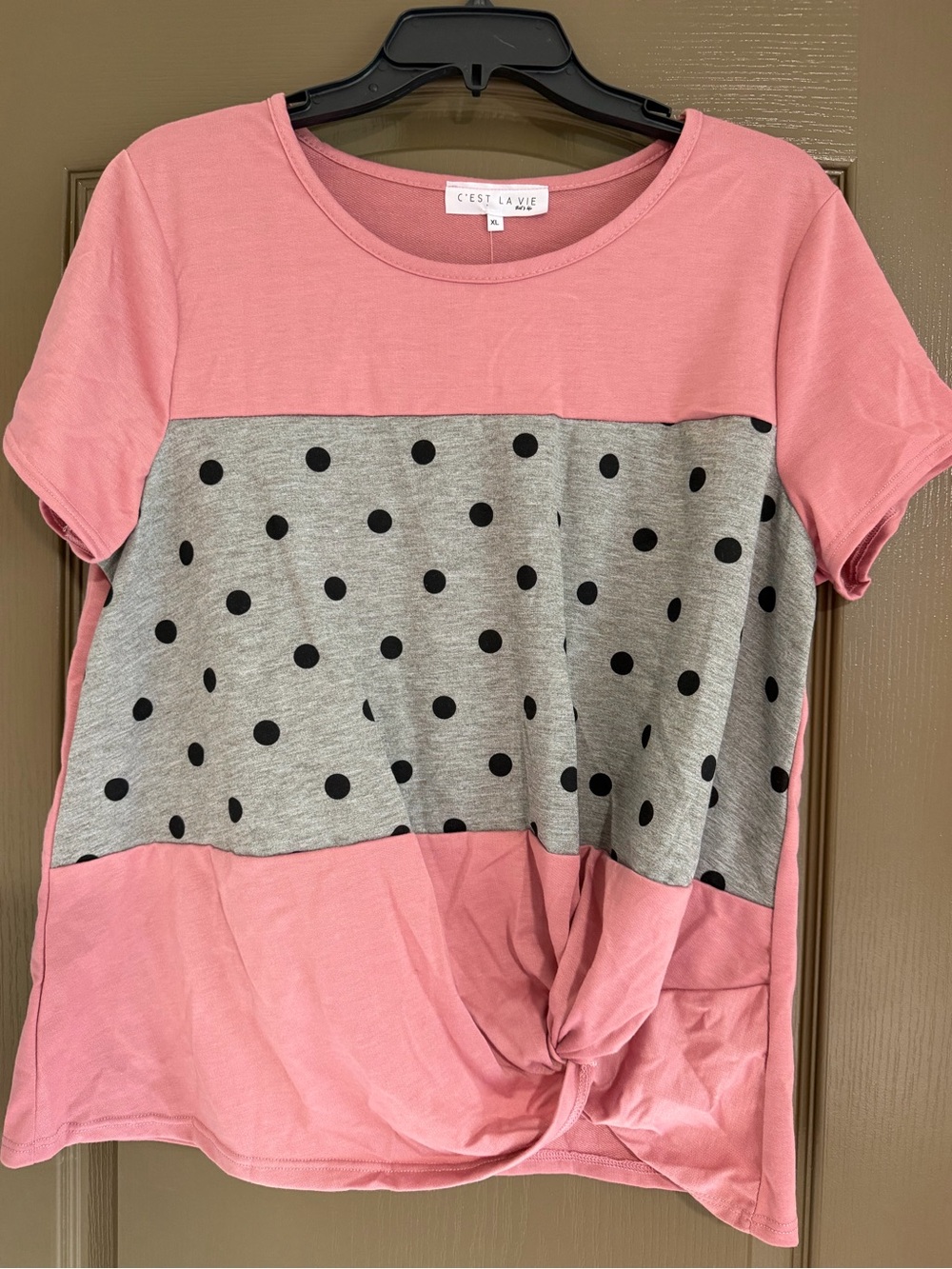 C'est La Vie Pink Polka Dot Knot Front Short Sleeve Tee